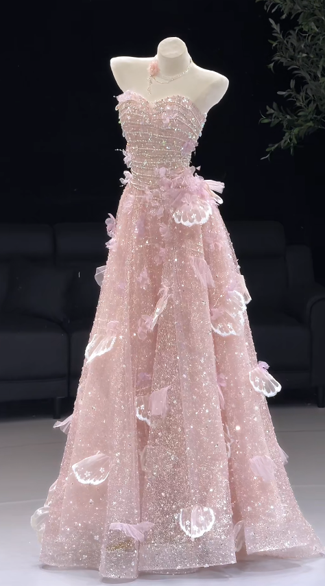 Chic Pink Prom Dress A-Line Tulle Sequins Long Evening Dress ED11466
