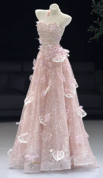Chic Pink Prom Dress A-Line Tulle Sequins Long Evening Dress ED11466
