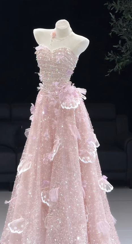 Chic Pink Prom Dress A-Line Tulle Sequins Long Evening Dress ED11466