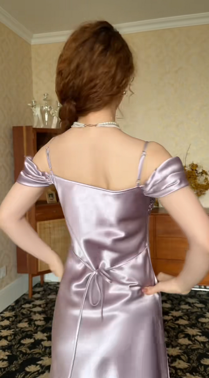 Chic Dusty Lavender Prom Dress Sheath Satin Long Evening Dress ED11467