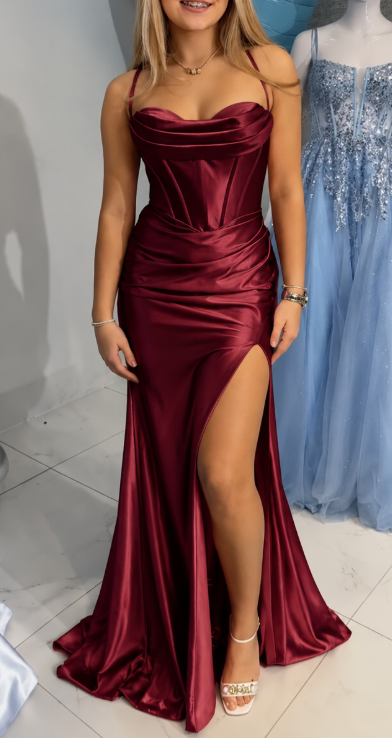 Chic Bugrundy Prom Dress Sheath Satin Long Evening Dress ED11470