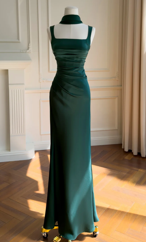 Chic Dark Green Prom Dress Sheath Satin Long Evening Dress ED11472