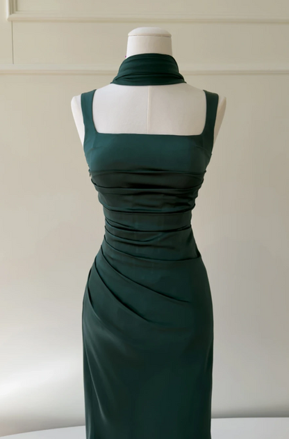 Chic Dark Green Prom Dress Sheath Satin Long Evening Dress ED11472