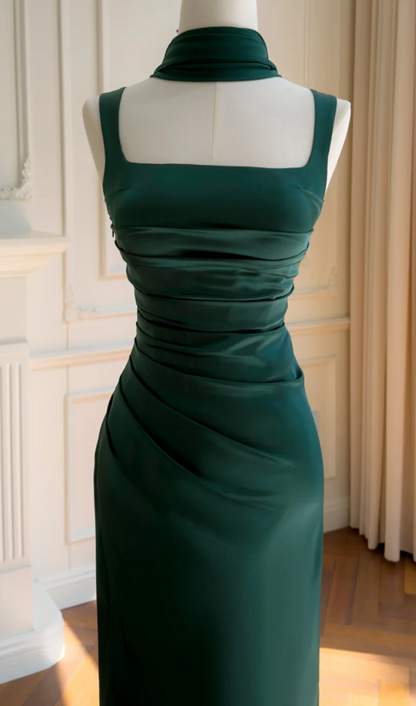 Chic Dark Green Prom Dress Sheath Satin Long Evening Dress ED11472