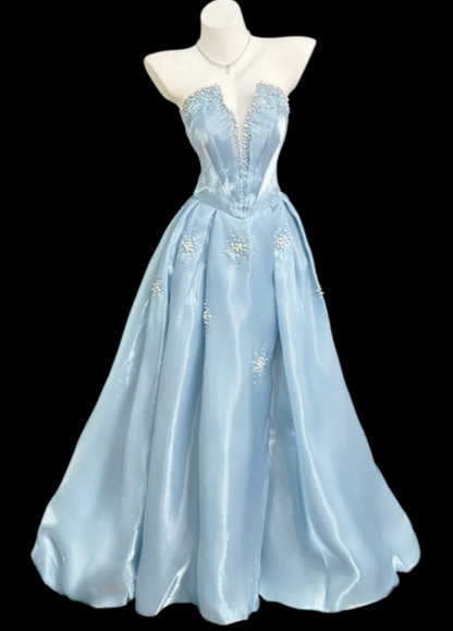 Chic Pale Blue Prom Dress A-Line Satin Long Evening Dress ED11473