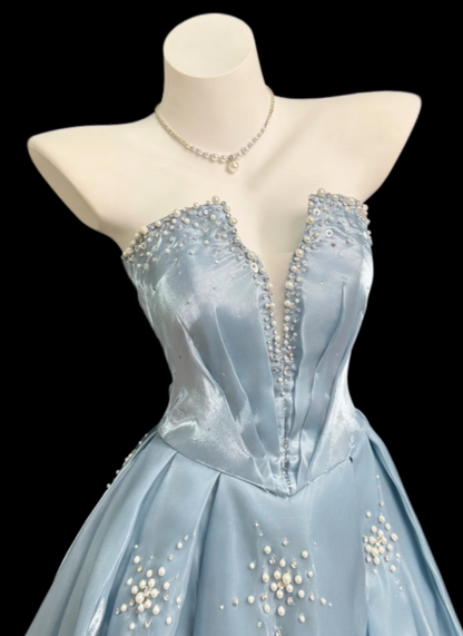 Chic Pale Blue Prom Dress A-Line Satin Long Evening Dress ED11473