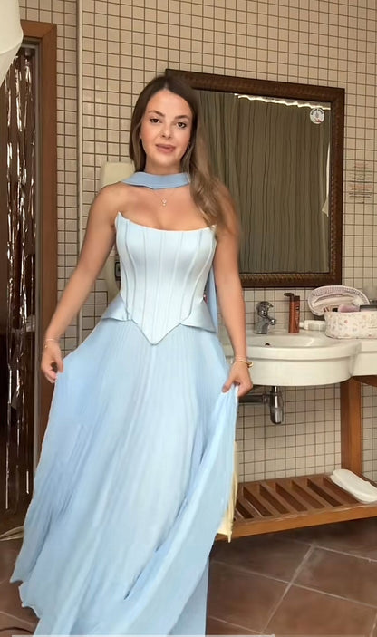 Chic Blue Prom Dress Sheath Satin Long Evening Dress ED11478