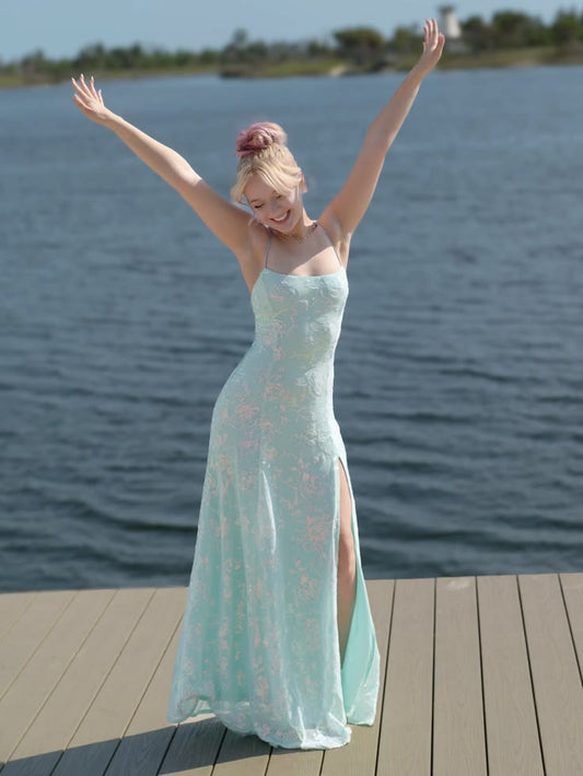 Chic Tiffany Blue Prom Dress Sheath Chiffon Long Evening Dress ED11483