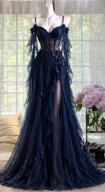 Chic Navy Blue Prom Dress Sheath Chiffon Long Evening Dress ED11485