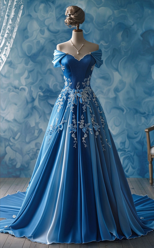Fairy Blue Prom Dress A-Line Satin Beaded Long Evening Dress ED11487