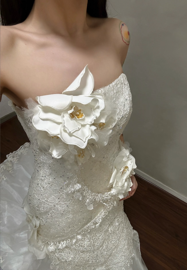 Elegant White Wedding Dress Sheath Lace Bridal Dress Chiffon Bridal Gown ED11505