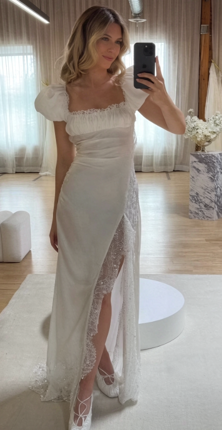 Elegant White Wedding Dress Sheath Satin Bridal Dress Sleeves Bridal Gown ED11508