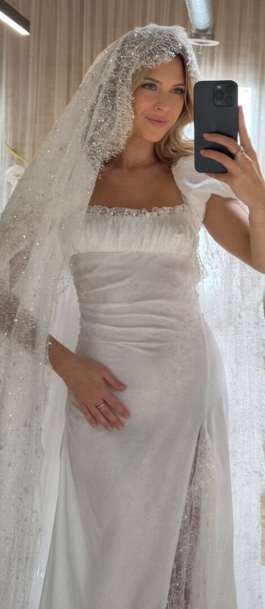 Elegant White Wedding Dress Sheath Satin Bridal Dress Sleeves Bridal Gown ED11508