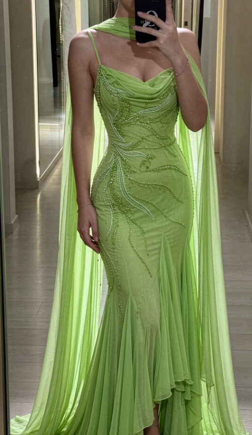 Fashion Green Prom Dress Sheath Chiffon Beaded Long Evening Dress ED11517