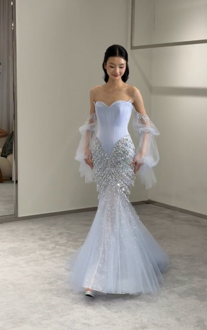 Fashion Pale Blue Beaded Prom Dress Mermaid Tulle Long Evening Dress ED11525