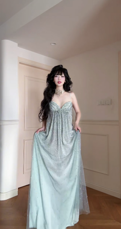 Fashion Green Prom Dress Sheath Chiffon Sequins Long Evening Dress ED11527
