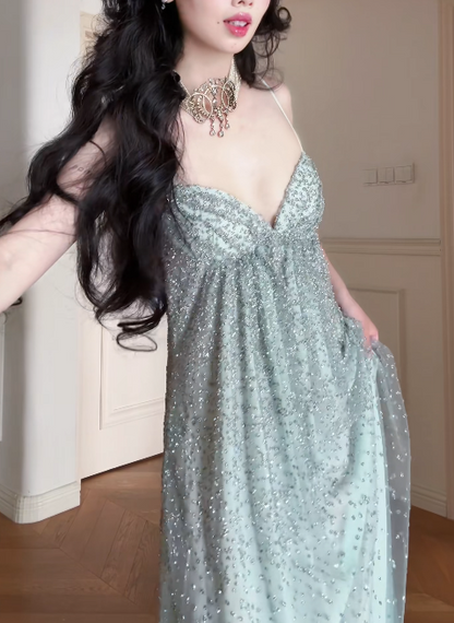 Fashion Green Prom Dress Sheath Chiffon Sequins Long Evening Dress ED11527