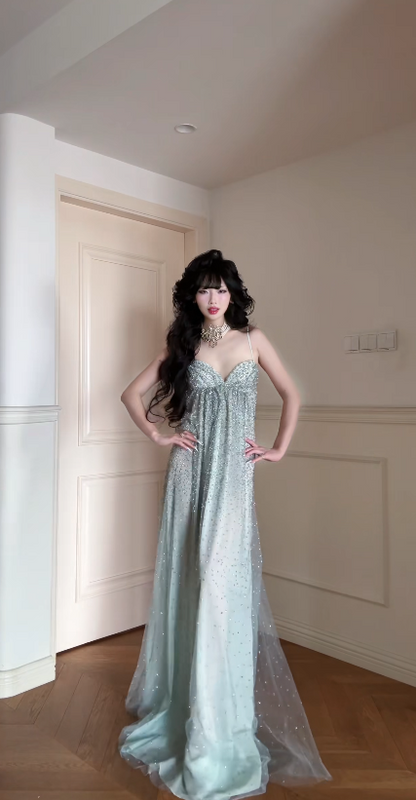 Fashion Green Prom Dress Sheath Chiffon Sequins Long Evening Dress ED11527