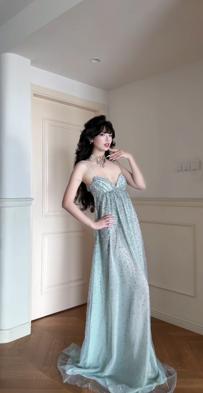 Fashion Green Prom Dress Sheath Chiffon Sequins Long Evening Dress ED11527