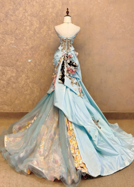 Fashion Blue Prom Dress Mermaid Satin Appliques Long Evening Dress ED11530