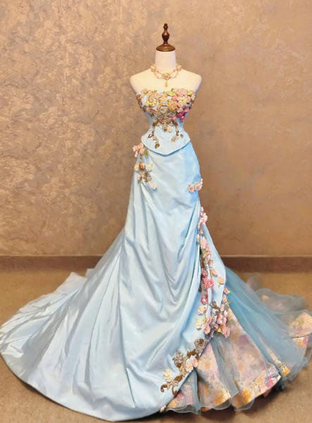 Fashion Blue Prom Dress Mermaid Satin Appliques Long Evening Dress ED11530