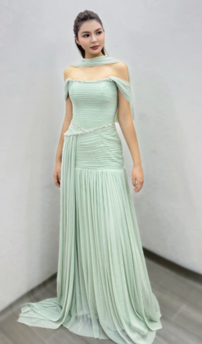 Robe de bal fourreau vert tendance en mousseline, robe de soirée longue ED11531