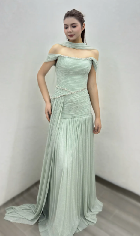 Robe de bal fourreau vert tendance en mousseline, robe de soirée longue ED11531