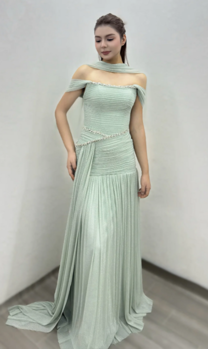 Robe de bal fourreau vert tendance en mousseline, robe de soirée longue ED11531