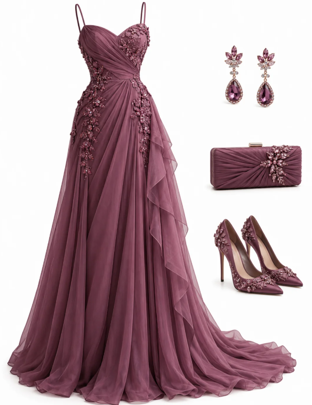 Fashion Plum Prom Dress A-line Tulle Long Evening Dress ED11537