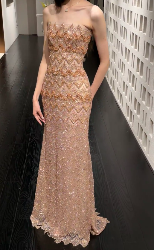 Fashion Champagne Gold Prom Dress Sheath Beaded Tulle Long Evening Dress ED11538
