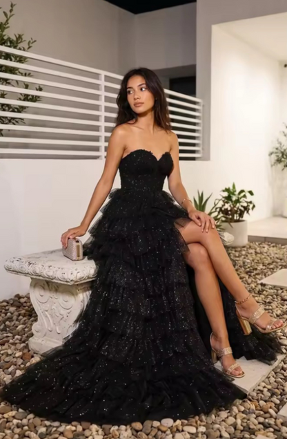Pretty Black Prom Dress A-Line Tulle Long Evening Dress ED11544