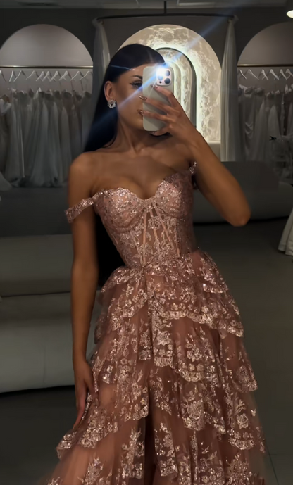 Pretty Pink Slit Prom Dress Sheath Tulle Sequins Long Evening Dress ED11548