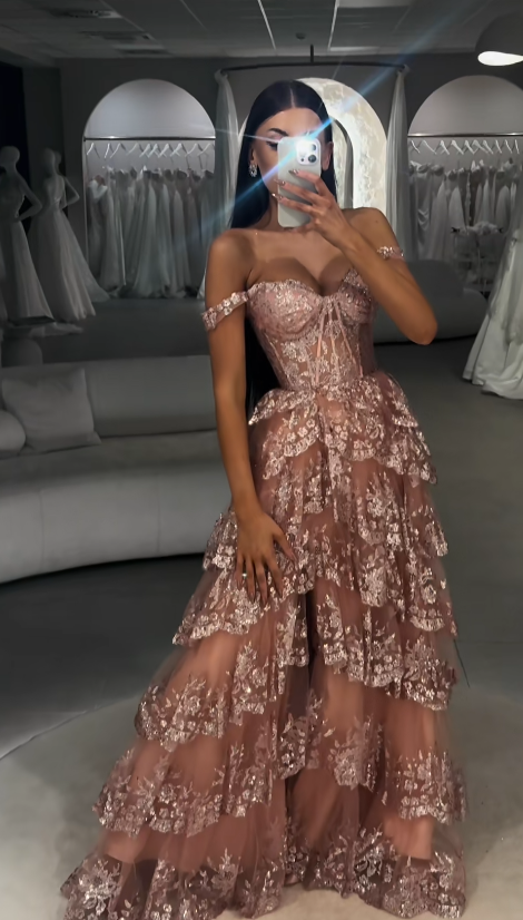 Pretty Pink Slit Prom Dress Sheath Tulle Sequins Long Evening Dress ED11548