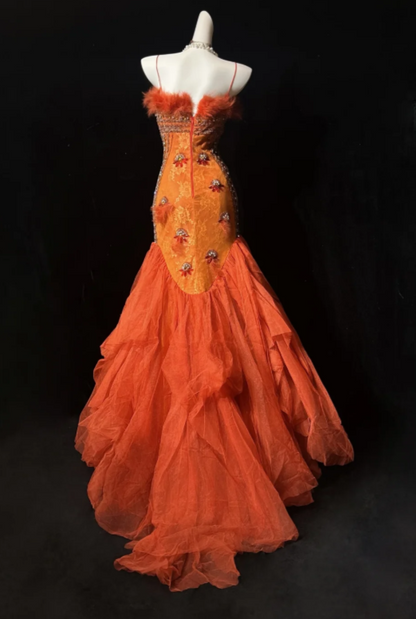 Jolie robe de bal fourreau orange en tulle, longue robe de soirée ED11552