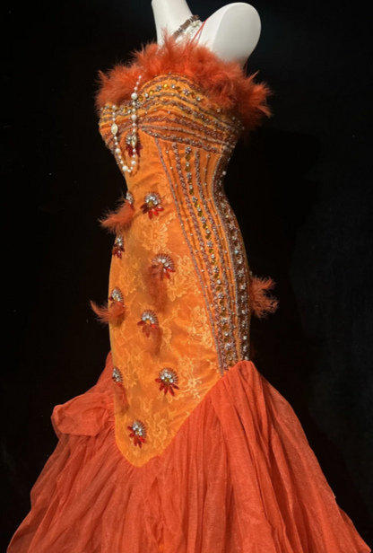 Jolie robe de bal fourreau orange en tulle, longue robe de soirée ED11552