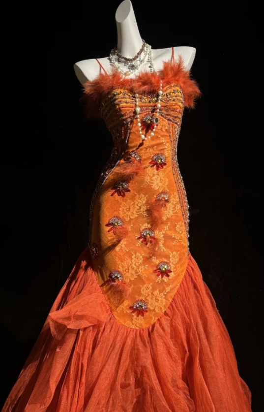 Jolie robe de bal fourreau orange en tulle, longue robe de soirée ED11552