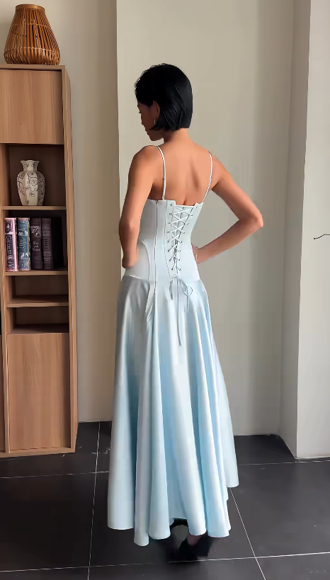 Hübsches blaues Abschlussballkleid, Etuikleid aus Satin, langes Abendkleid ED11554