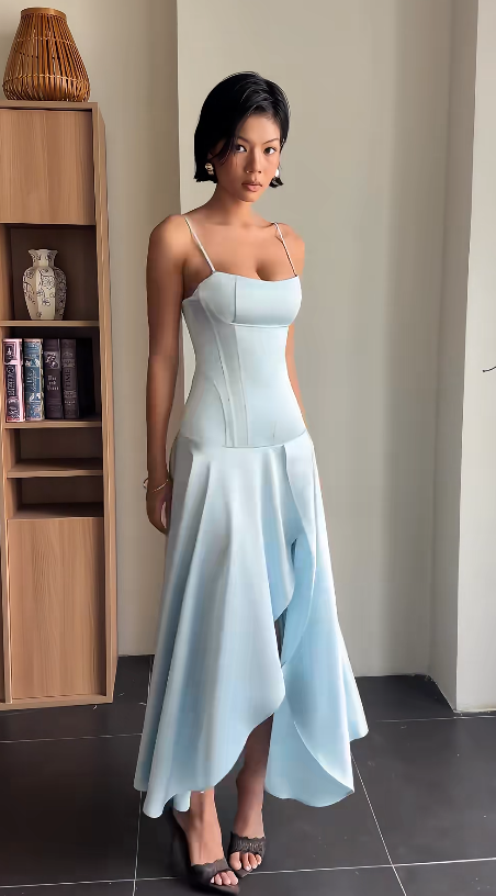 Hübsches blaues Abschlussballkleid, Etuikleid aus Satin, langes Abendkleid ED11554