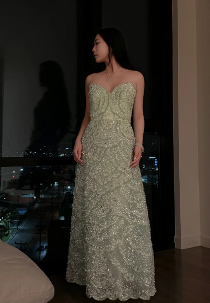 Hübsches grünes Etuikleid für den Abschlussball, langes Abendkleid aus Tüll mit Perlenstickerei ED11555