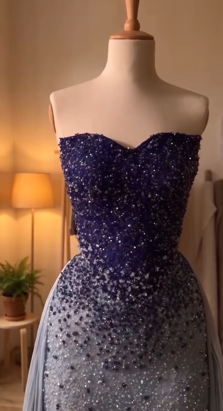 Hübsches blaues Abschlussballkleid Etui-Kleid aus Chiffon mit Perlenbesatz langes Abendkleid ED11557