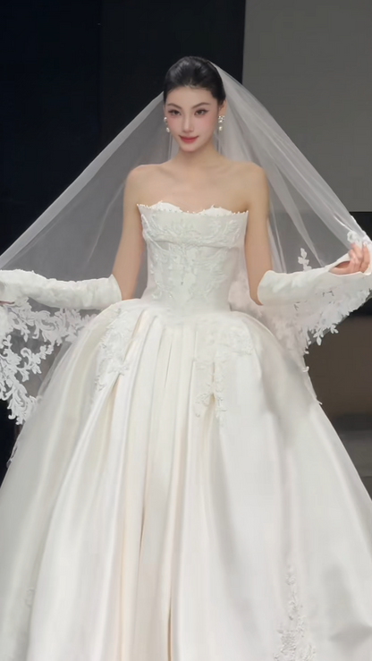 Timeless A-Line Satin Wedding Dress Beaded White Bridal Dress Sleeveless Bridal Gown ED11565