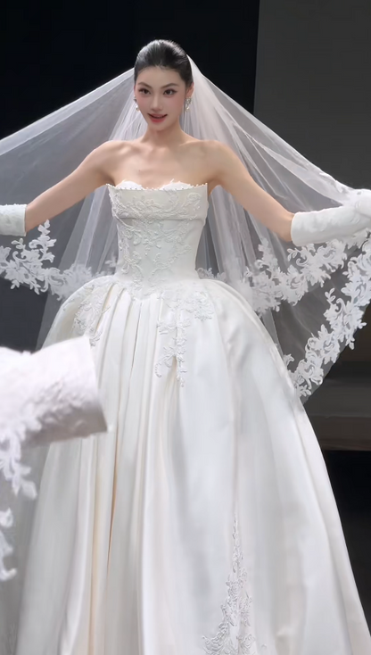 Timeless A-Line Satin Wedding Dress Beaded White Bridal Dress Sleeveless Bridal Gown ED11565