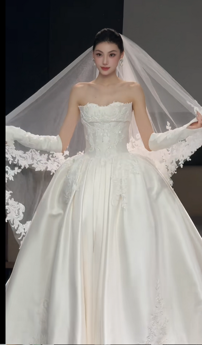 Timeless A-Line Satin Wedding Dress Beaded White Bridal Dress Sleeveless Bridal Gown ED11565