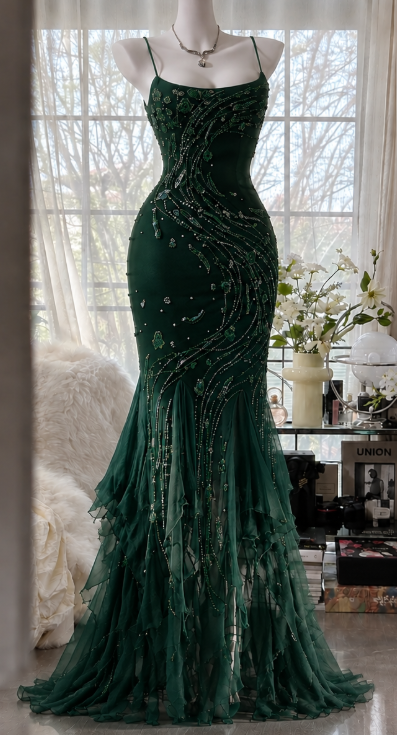 Vintage Mermaid Chiffon Beaded Long Evening Dress Dark Green Prom Dress ED11571