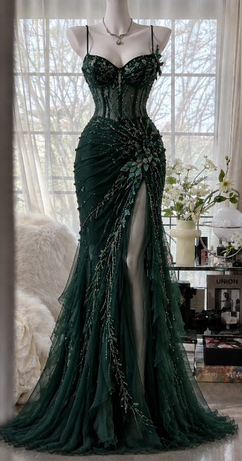 Vintage Mermaid Chiffon Beaded Long Evening Dress Dark Green Slit Prom Dress ED11572