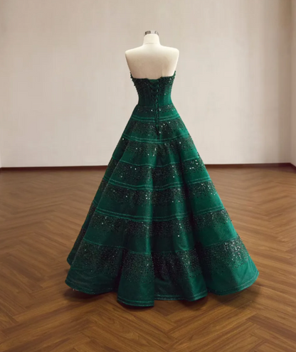 Gorgeous A-Line Tulle Evening Dress Dark Green Prom Dress Strapless Long Formal Dress ED11573