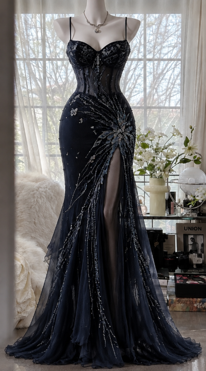 Gorgeous Sheath Chiffon Beaded Evening Dress Dark Navy Blue Prom Dress ED11575