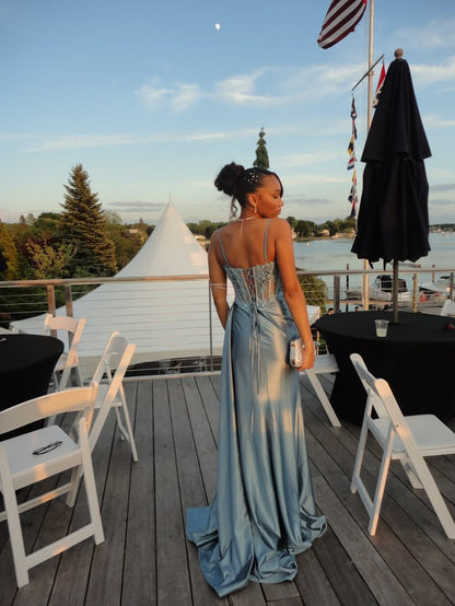 Gorgeous Sheath Satin Beaded Evening Dress Blue Prom Dress ED11578