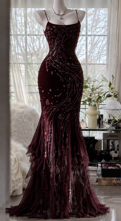 Gorgeous Sheath Chiffon Beaded Evening Dress Burgundy Prom Dress  ED11579