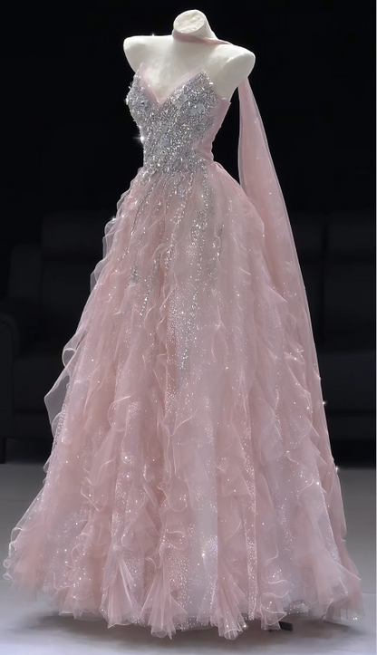 Gorgeous A-Line Tulle Evening Dress Pink Prom Dress  ED11580